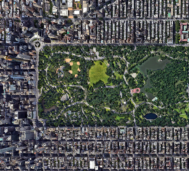 Park and city blocks aerial view